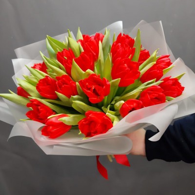 Букет из 25 красных пионовидных тюльпанов - Доставка цветов в Екатеринбурге